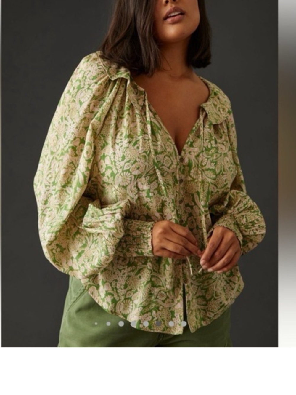 Anthropologie Green & Beige Floral Long Puff Sleeve Ruffle Blouse Sz XXS